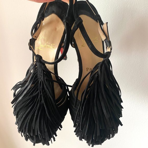 Vintage Christian Louboutin black suede platform fringe high heels - Picture 8 of 9